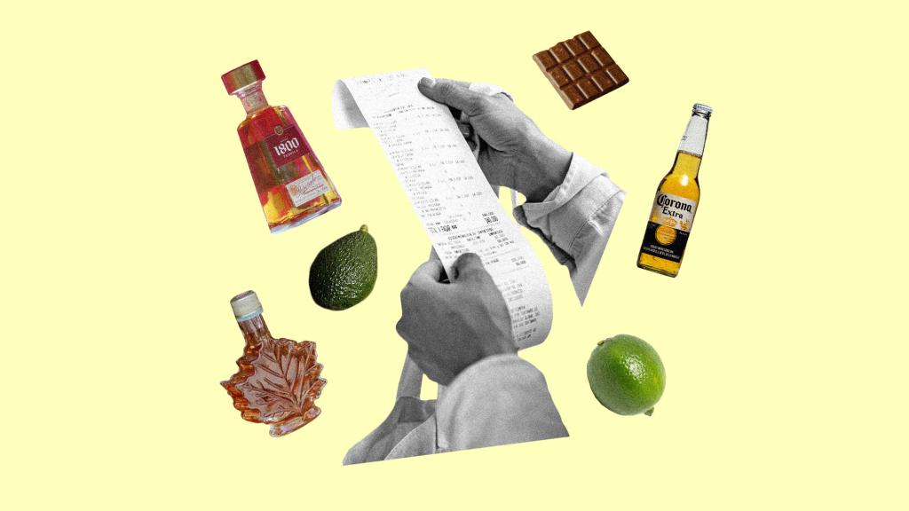 digital collage of hands holding a grocery receipt surrounded by a bottle of tequila, avocado, maple syrup, lime, beer, and chocolate