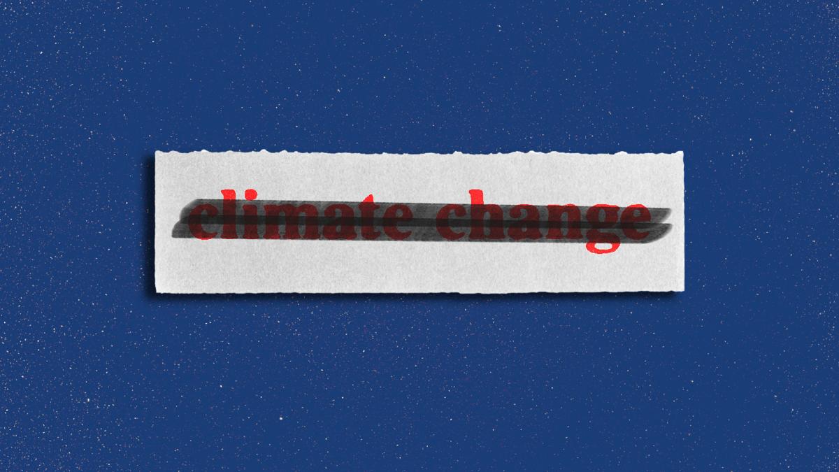 digital collage of the words "climate change" with black marker drawn on top as if redacted
