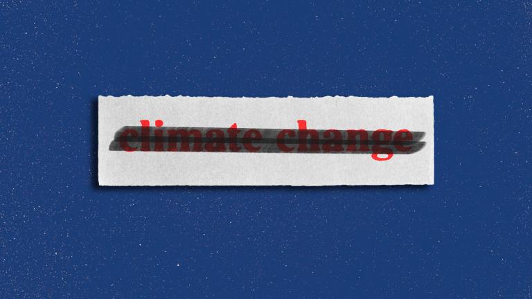 digital collage of the words "climate change" with black marker drawn on top as if redacted