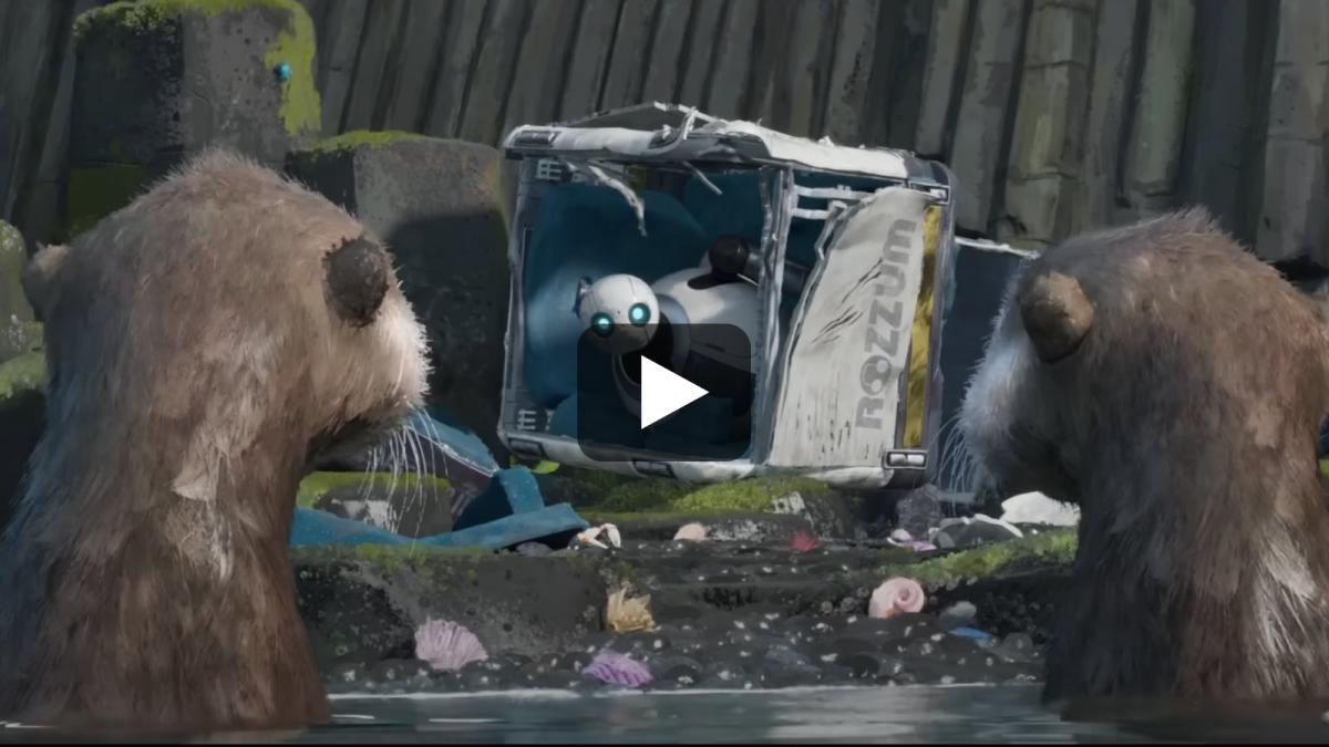 A still image of an animated robot inside a pod looking out at a group of sea otters, with a play button over the image