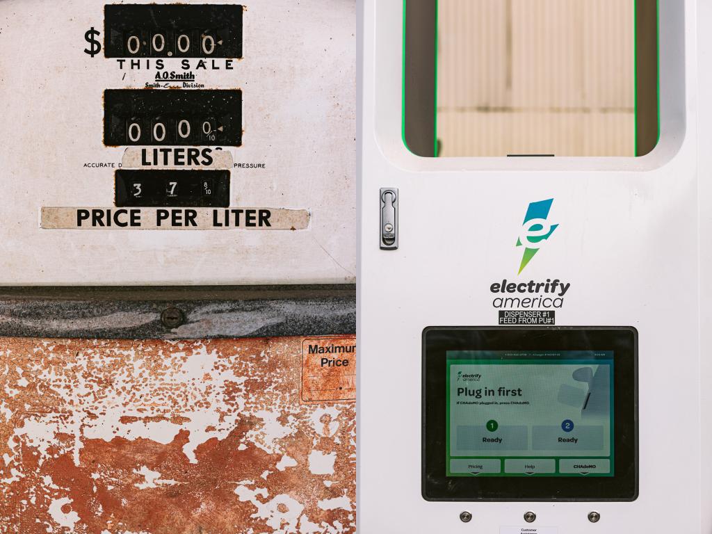 A gas pump and ev charger juxtaposed