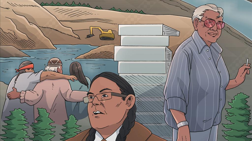 An illustrative medley of tirbal leaders, Warren Buffet, money, and paperwork against the backdrop of a dam and salmon