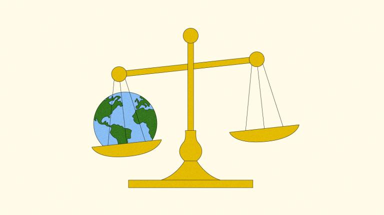 Illustration of scales of justice with earth weighing it down on one side