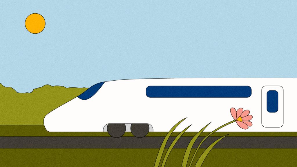 Illustration of high-speed train zooming through a grassy landscape