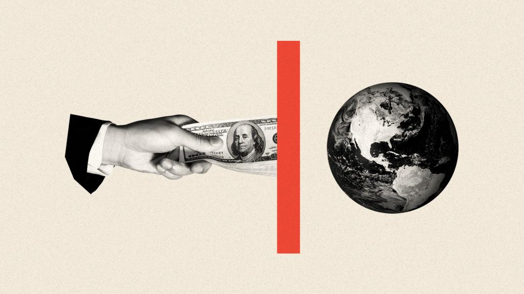 Collage of red line blocking hand, holding dollar bills, from reaching earth