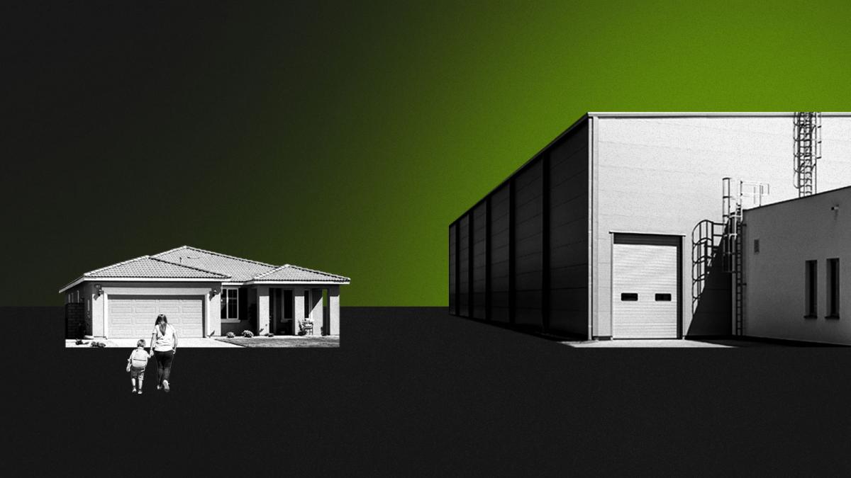 Collage of mother and child walking up to their home neighboring a warehouse emitting a green color