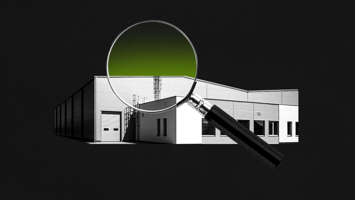Collage of magnifying glass revealing green color emitting from warehouse