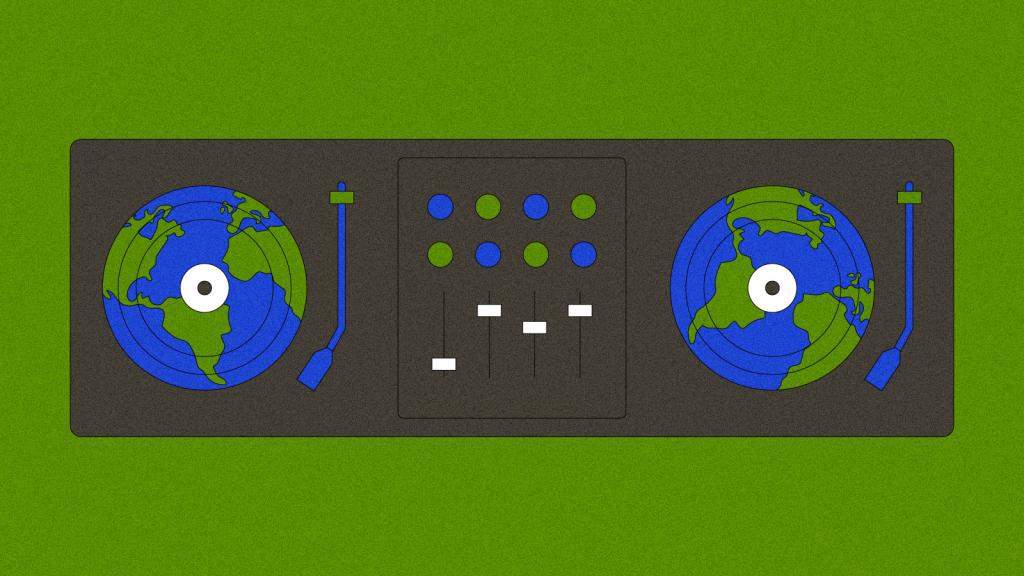 Illustration of DJ turntable spinning earth-patterned records