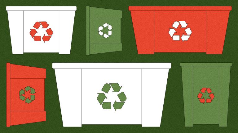 Illustration of red, white, and green recycling bins