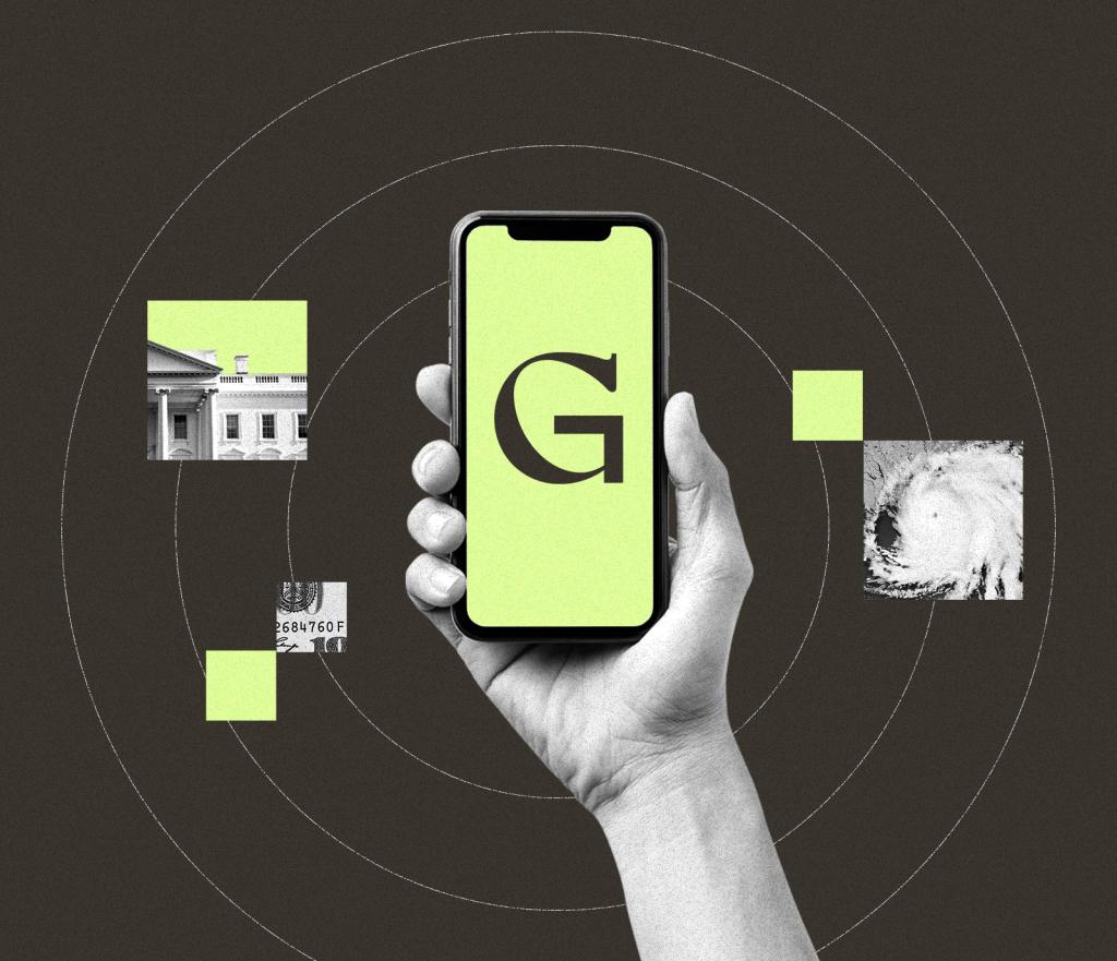 Collage of hand holding smartphone display Grist logo, surrounded by snippets of White House, dollar bill, and hurricane imagery