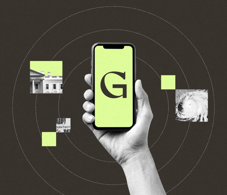 Collage of hand holding smartphone display Grist logo, surrounded by snippets of White House, dollar bill, and hurricane imagery