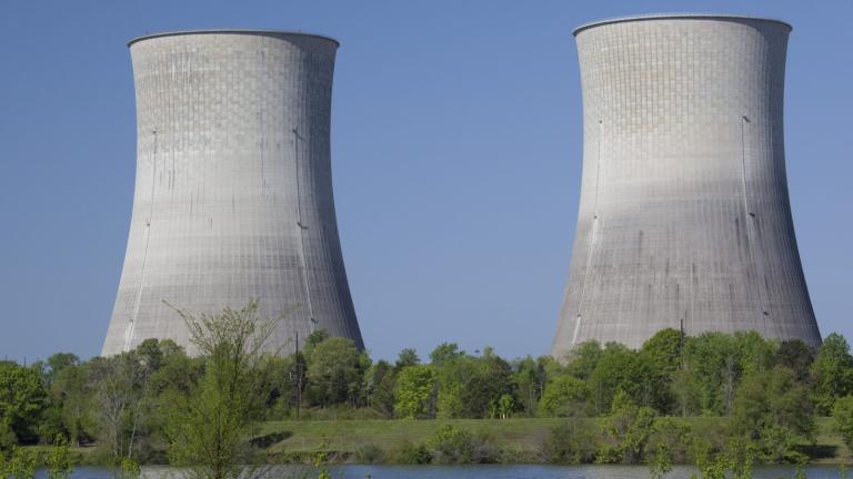 Black vultures sit across the Tennessee River from the Tennessee Valley Authority's Watts Bar Nuclear Generating Station