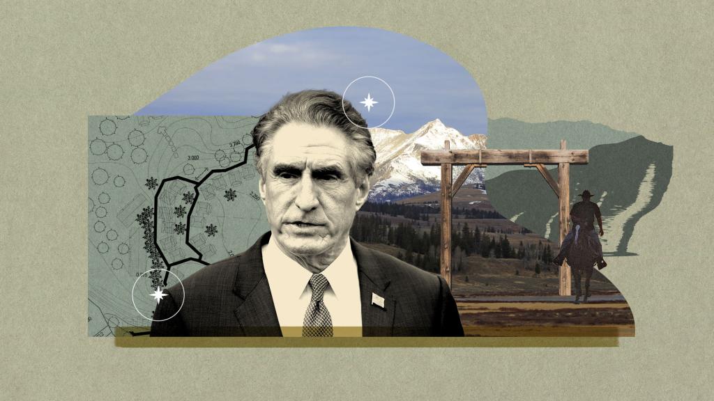 Digital collage of an old white man in a suit, blueprints of a luxury property, mountains, a gate to a ranch, and a cowboy on a horse