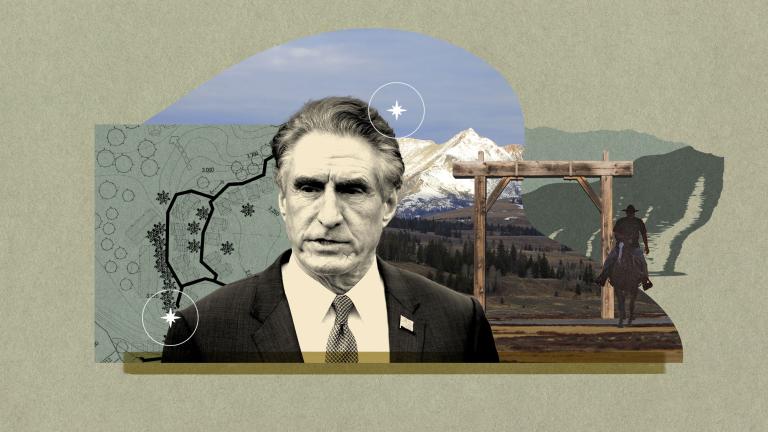 Digital collage of an old white man in a suit, blueprints of a luxury property, mountains, a gate to a ranch, and a cowboy on a horse