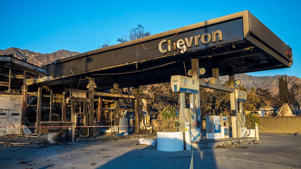 Chevron gas station after fire swept through it.