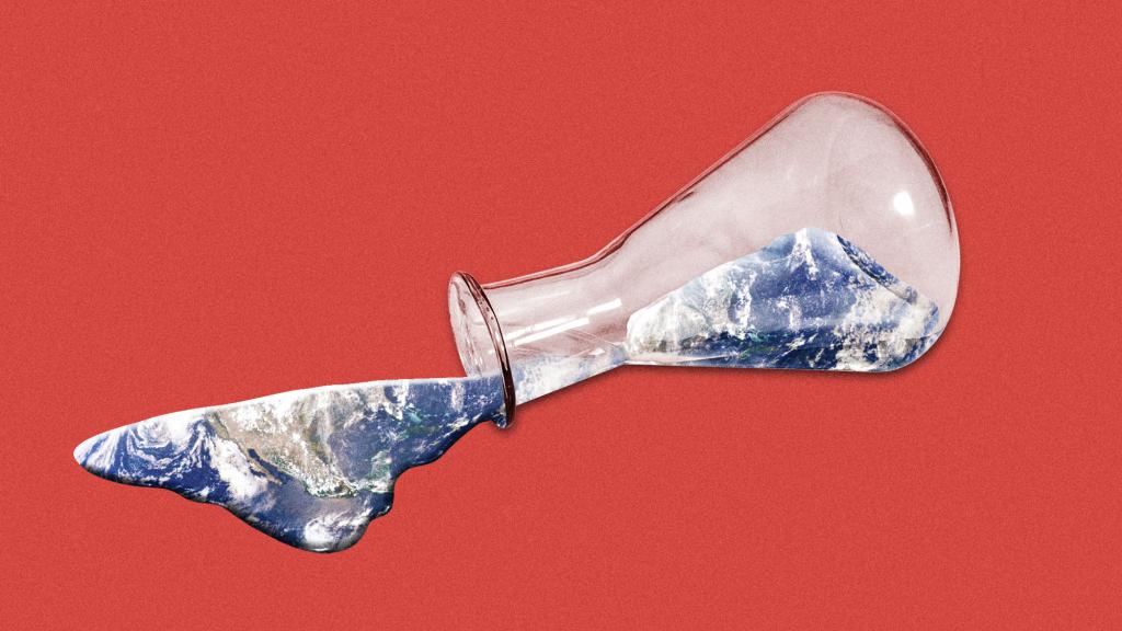 tipped over beaker leaking out liquid filled with the pattern of planet Earth