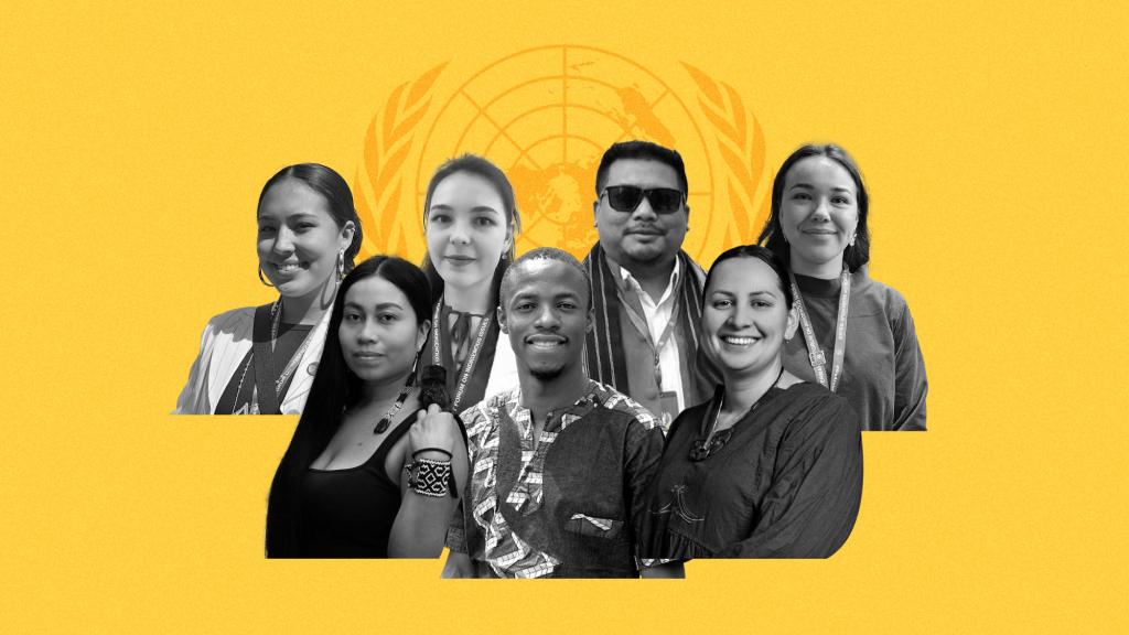 A collage of black and white photos of Indigenous youth against a yellow background with the UN logo