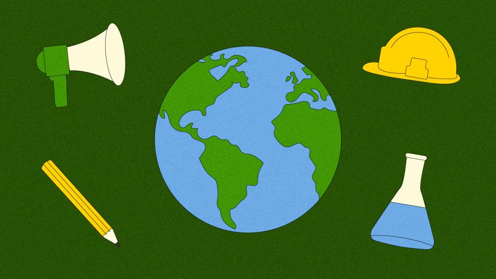 Illustration of earth, megaphone, pencil, hard hat, and beaker