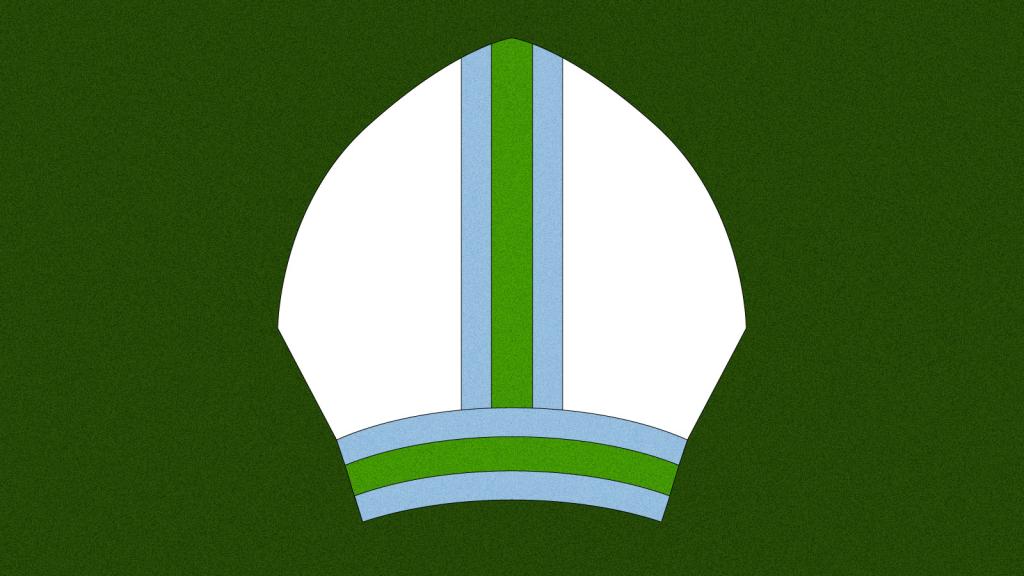 Illustration of Pope's headdress with blue and green accents