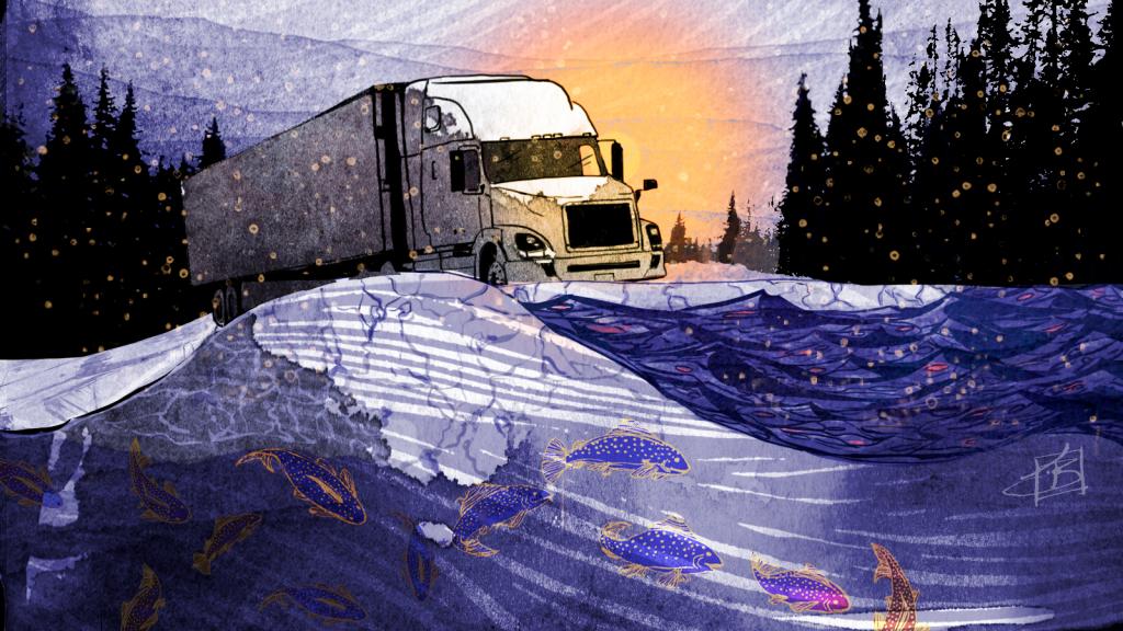 An illustration of a truck peeping over an icy road at dawn