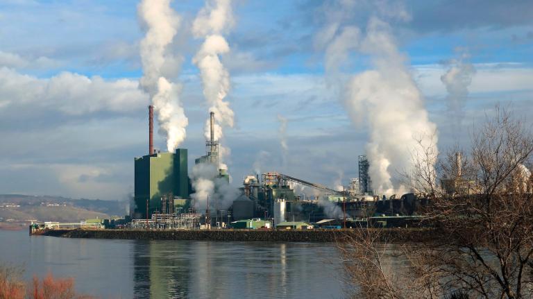 Smoke and steam rise from the stacks at an industrial pulp mill alongside a river.