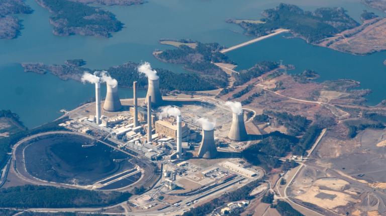 A huge industrial installation on the water as seen from the sky