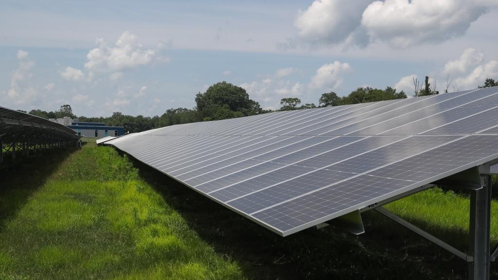 A huge set of black solar panels sits in a field of green grass under a sunny sky
