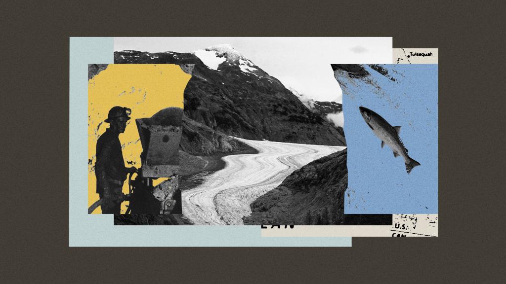 Collage of glacier, salmon, miner, and map of Alaska