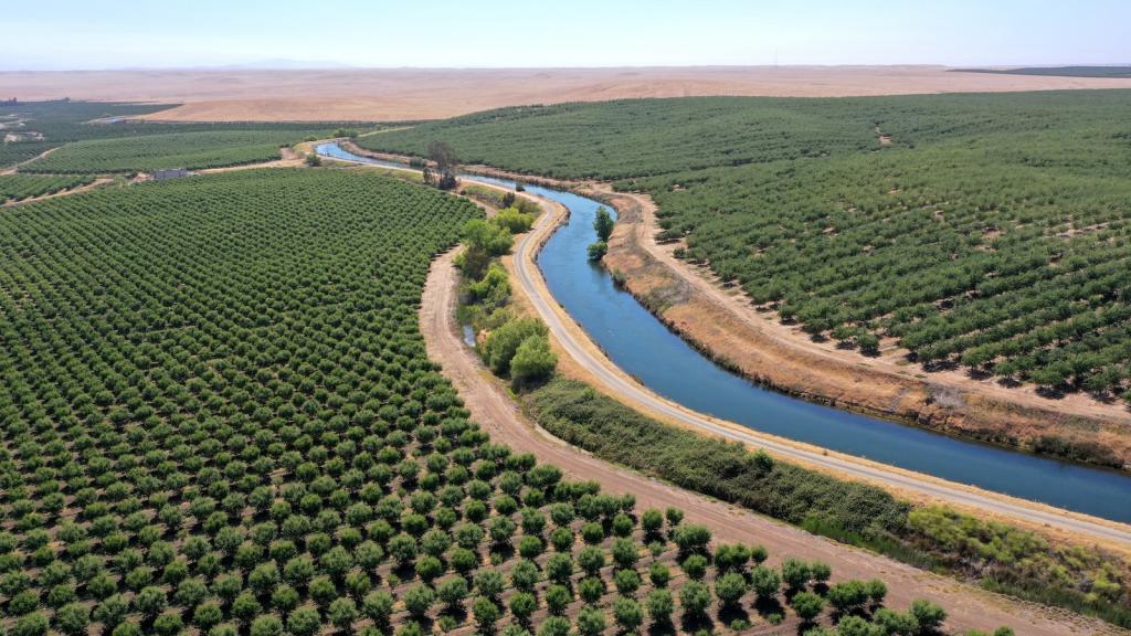 aerial view of an irrigation canal running through an almond orchard in California's Central Valley