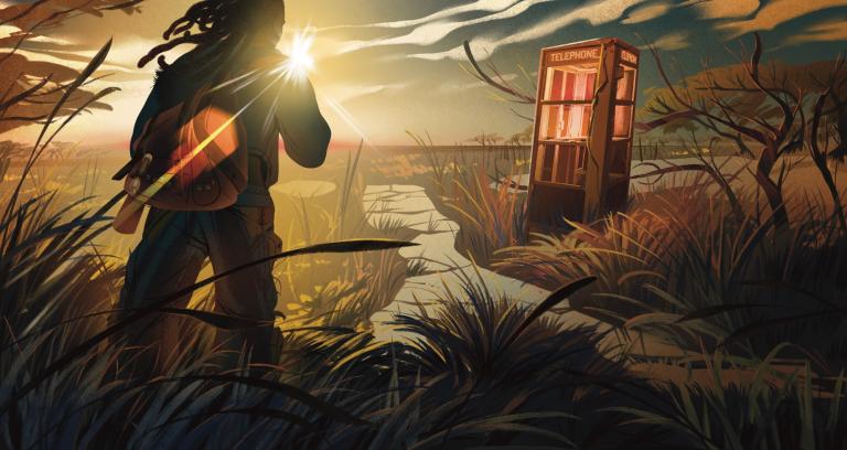 Illustration shows a man standing in an overgrown river delta, wearing an orange backpack, locs blowing in the wind. He is looking at a public telephone box standing alone among the undergrowth.
