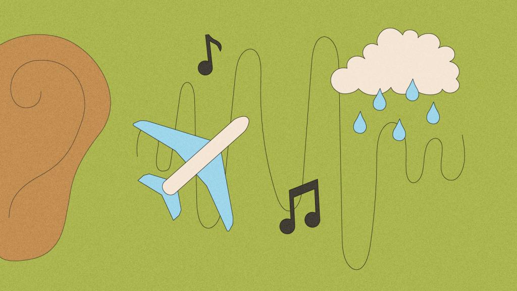 Illustration of ear with sound wave beside it containing an airplane, music notes, and a raincloud