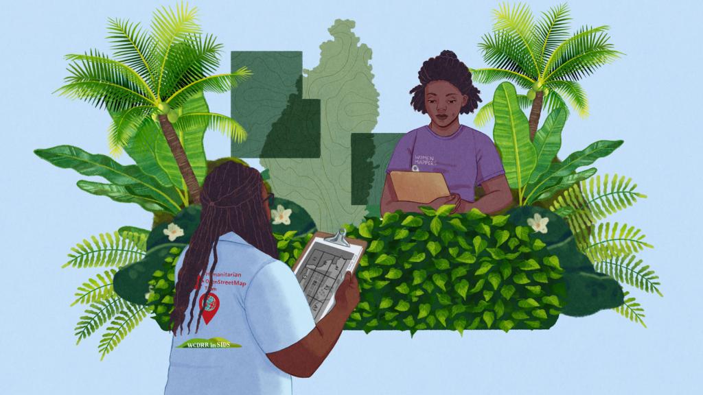 Illustration of two people holding clipboards surrounded by lush foliage and palm trees