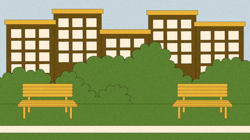 Illustration of benches along park path with buildings in background