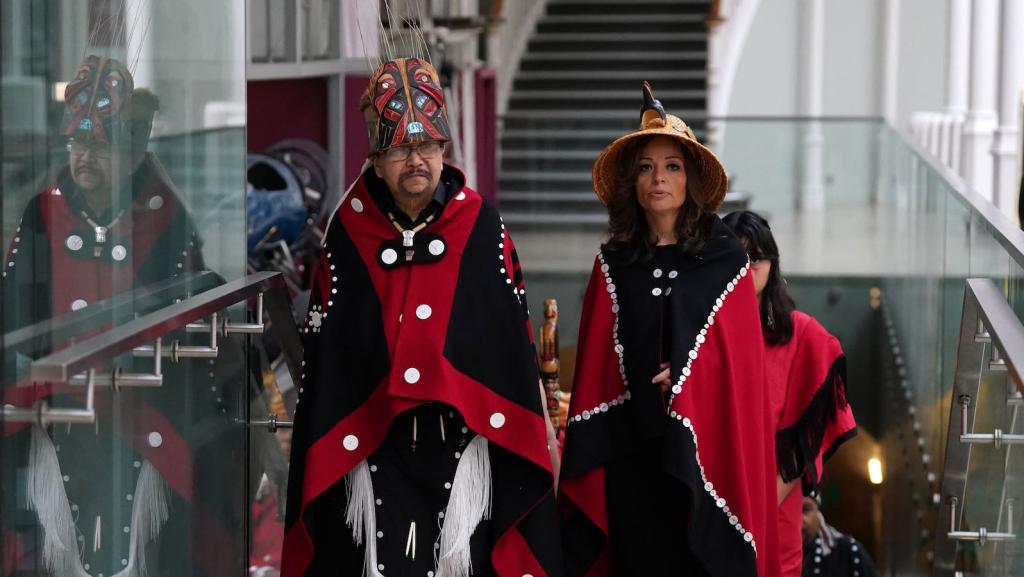 Earl Stephen and Dr Amy Parent make their way through the museum during a visit to the National Museum of Scotland in Edinburgh, ahead of the return of 11-metre tall memorial pole to what is now British Columbia.