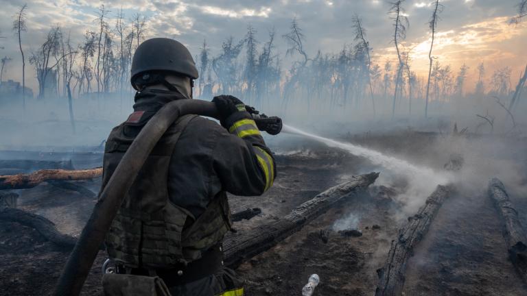Ukrainian rescuers of the State Emergency Service and firefighters continue to extinguish the forest fire after a Russian bomb explosion in Kharkiv Oblast, Ukraine on September 17, 2024.
