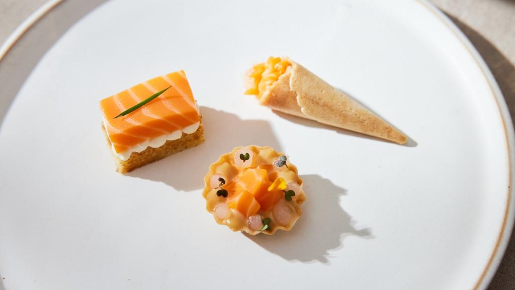 several pieces of lab-grown salmon plated on a large white plate
