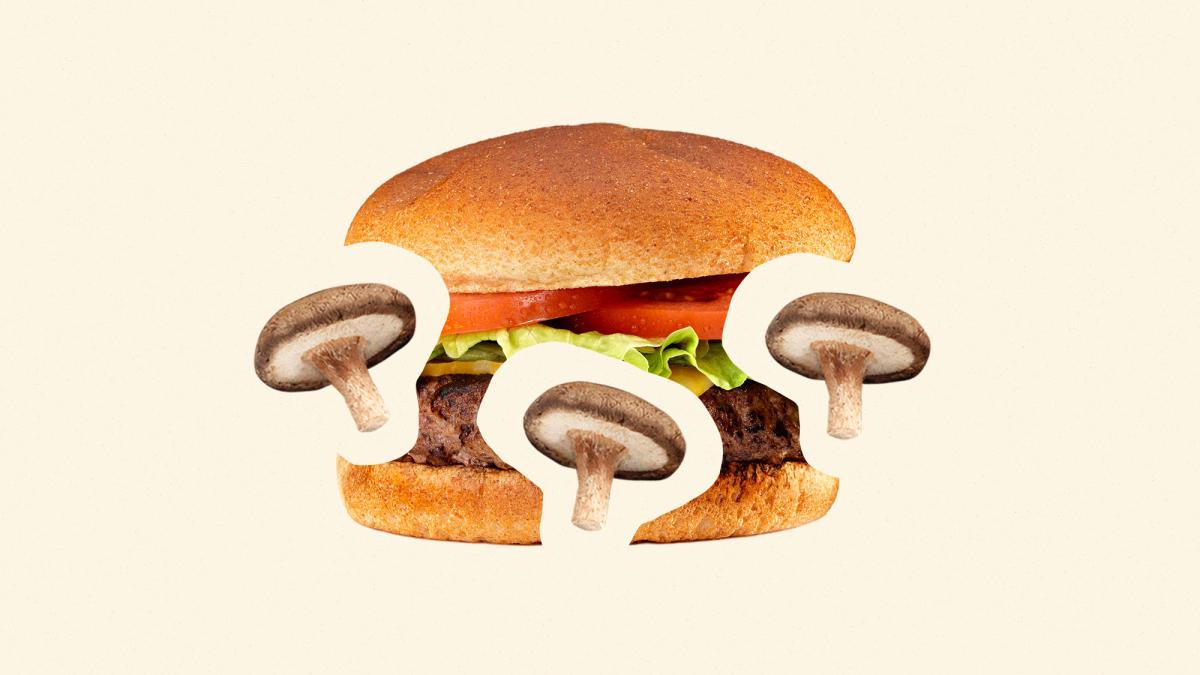Collage of burger with sections cut out and replaced with mushrooms