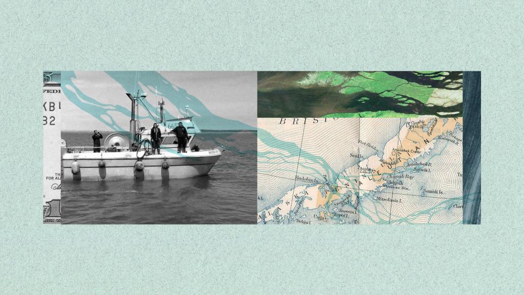 Digital collage of Alaskan fishing boat, river, and map of Bristol Bay