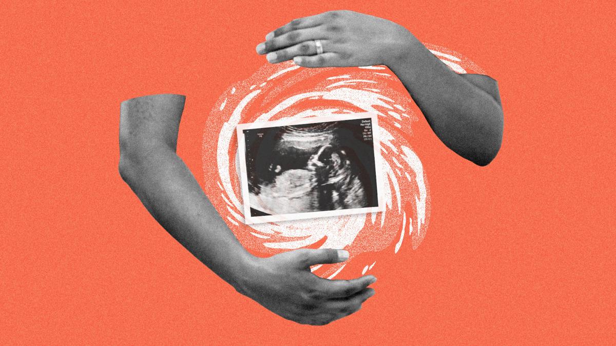 digital collage of arms cradling a sonogram photo with a hurricane in the background