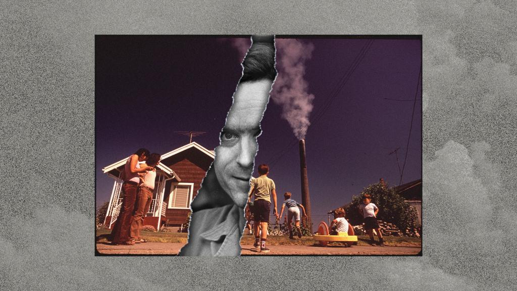 digital collage with photo of 1970s scene with children playing in front of a house with a large smokestack in the background and a cutout of serial killer Ted Bundy's face in the middle