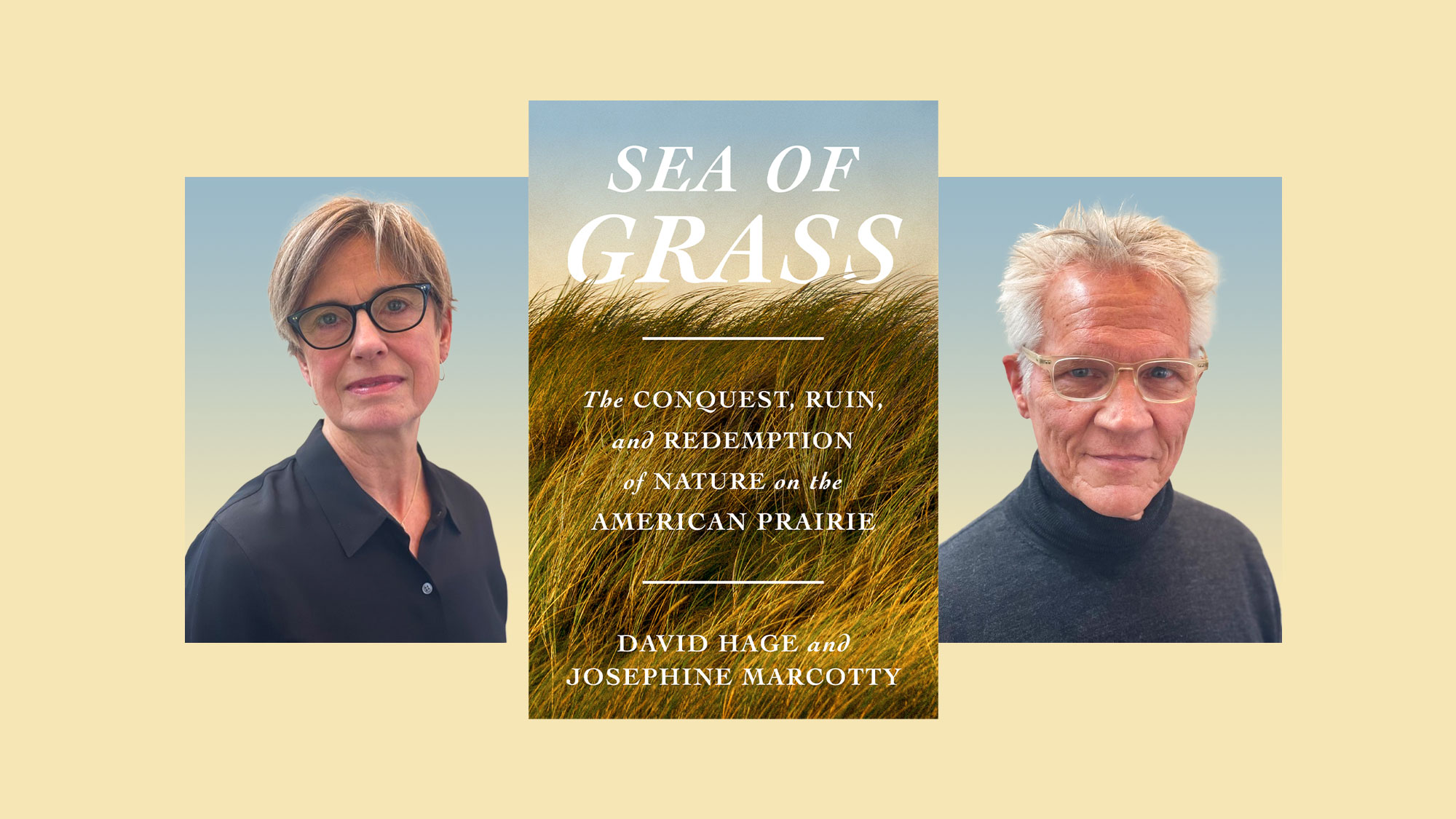 collage of the book Sea of Grass with headshots of the authors on either side