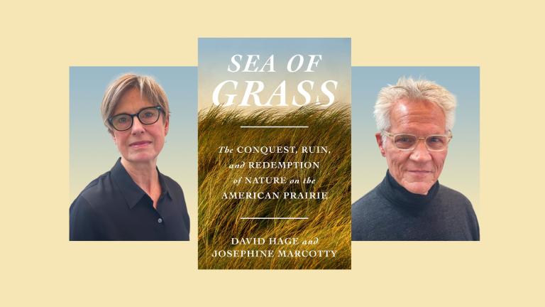 collage of the book Sea of Grass with headshots of the authors on either side