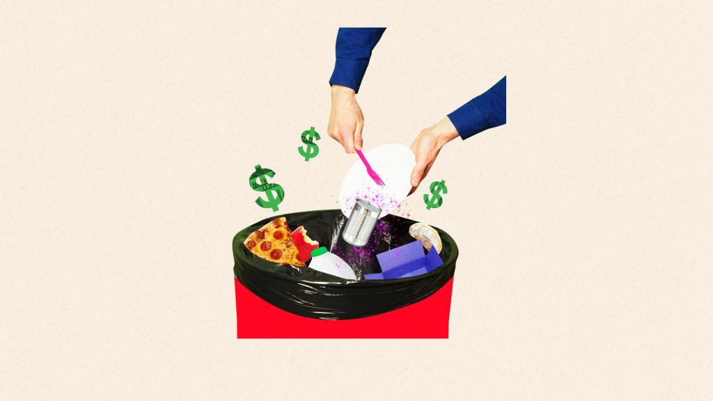 digital collage of hands throwing trash into a trash can with dollar signs