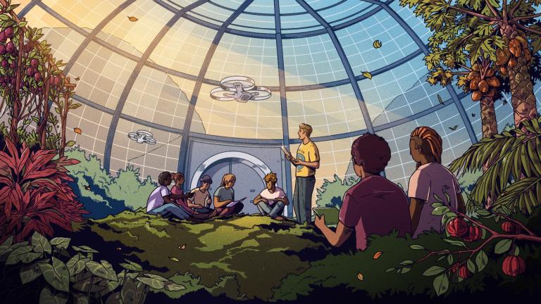 Illustration shows a group of young people sitting on the ground of a lush greenhouse filled with fruit trees, listening to a man standing in the center.