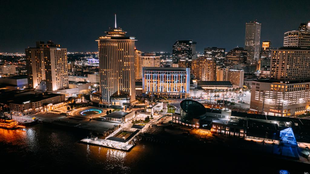 Aerial View of New Orleans, Louisiana, USA on the Mississippi River on a Summer Night