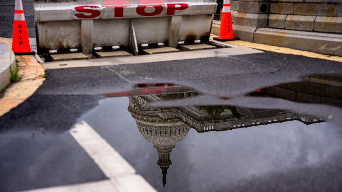 photograph of a wet road with the dome of the Capitol building reflected upside down in a puddle