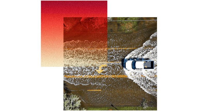 A collage showing a red square with orange-to-red gradient and a square of a car driving through a flooded street