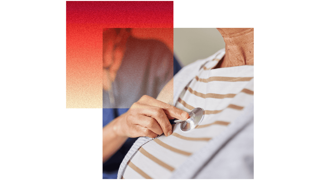 A collage showing a red square with orange-to-red gradient and a square of a person getting their heart checked by a doctor
