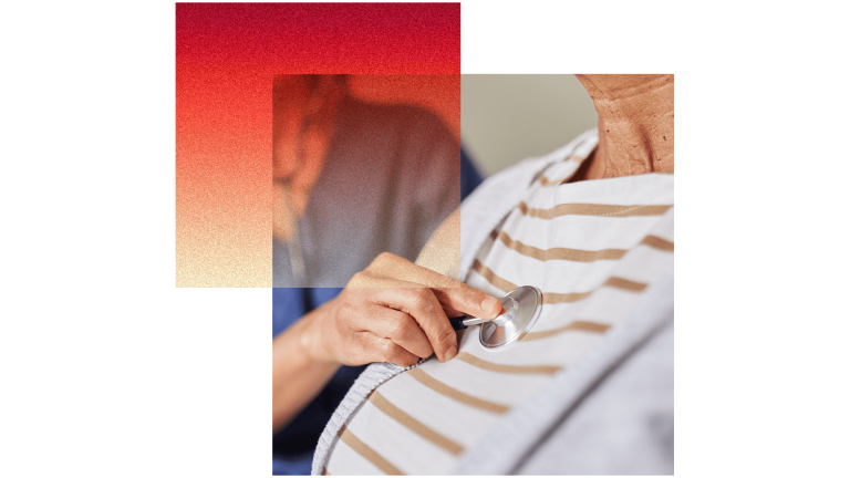 A collage showing a red square with orange-to-red gradient and a square of a person getting their heart checked by a doctor