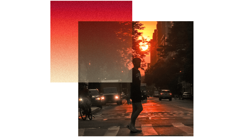 A collage showing a red square with orange-to-red gradient and a square of a person standing in an urban neighborhood on a hot day